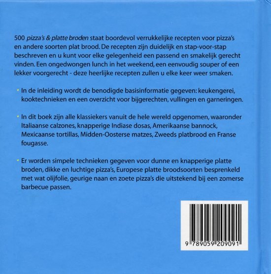 Boek "500 pizza's & platte broden" met tekst over recepten en inhoudsopgave.