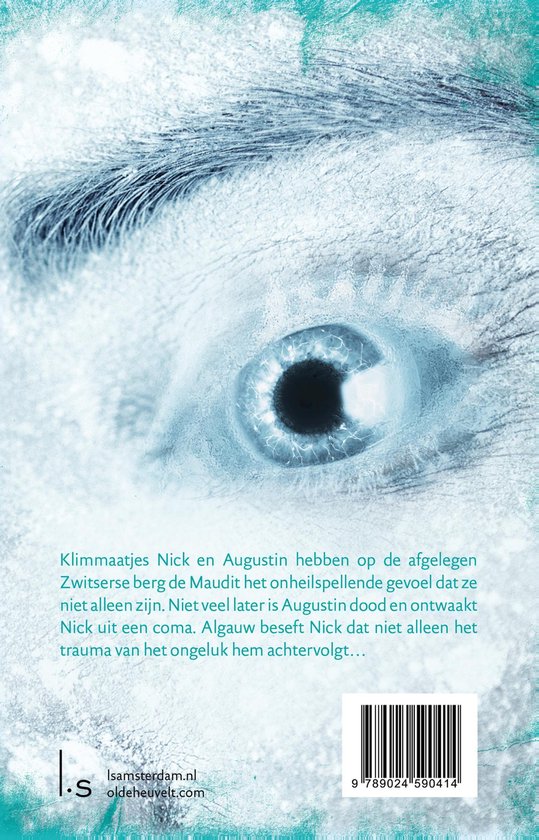 Boekcover met close-up van een oog, blauwe en witte tinten, met tekst en barcode