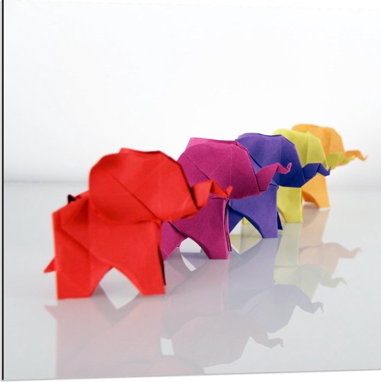 Dibond - Origami Olifanten - 80x80cm Foto op Aluminium (Wanddecoratie van metaal)