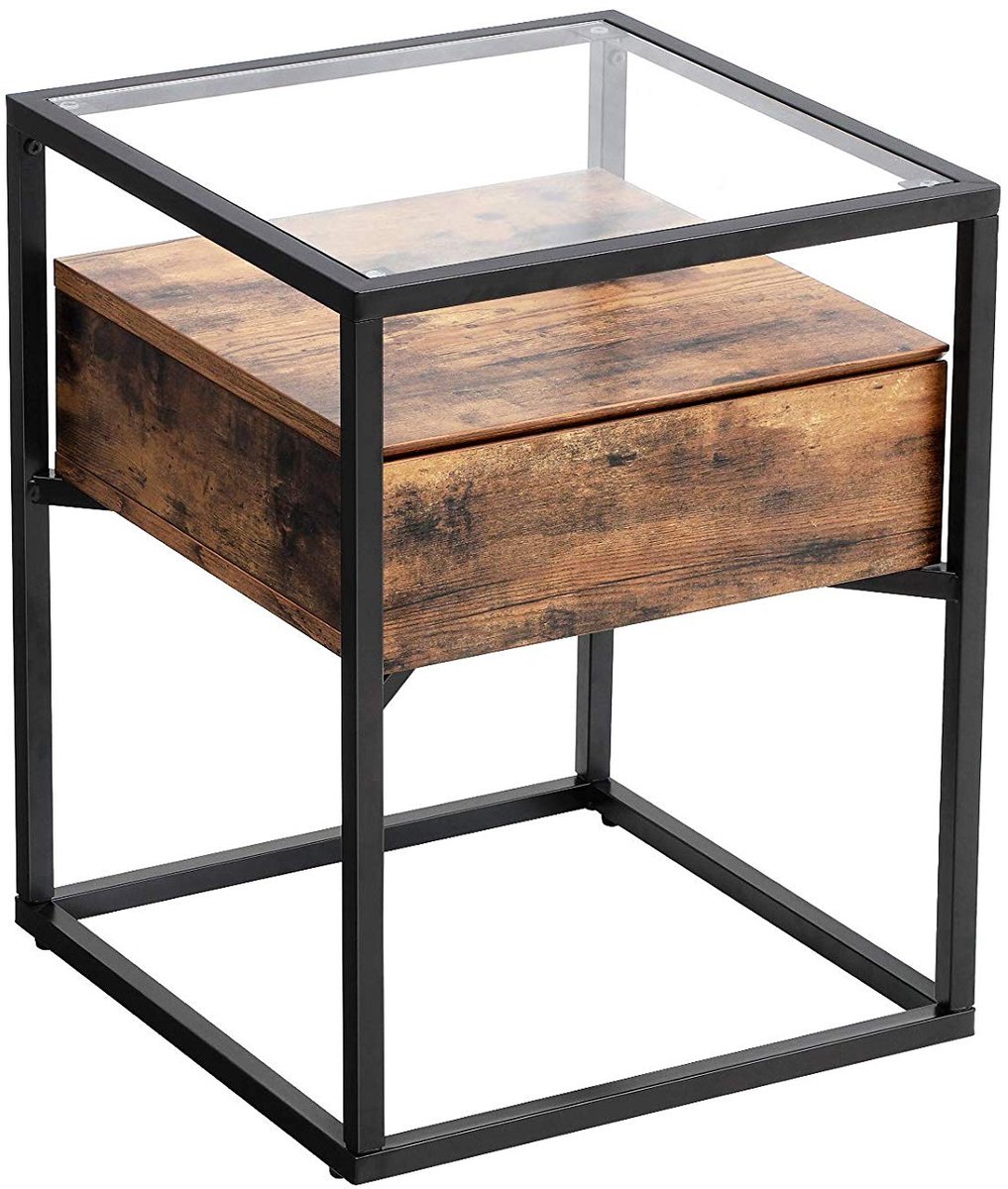 MrMarketplace Bijzettafel met Glasplaat - Nachtkastje met Lade - Rustiek Bruin - Industrieel - 43 x 43 x 54 cm