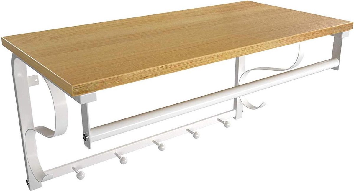 MrMarketplace Wandkapstok - Plank - Industrieel - Wit - Eikenhout - 60 x 30 x 31.7 cm