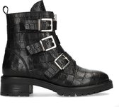 Manfield - Dames - Zwarte crocoprint biker boots met gespen - Maat 37