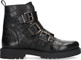 Manfield - Dames - Zwarte biker boots met crocoprint - Maat 37