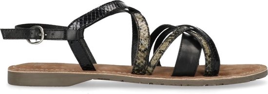 Manfield - Dames - Zwarte leren sandalen met groene snakeskin - Maat 36 |  bol.com