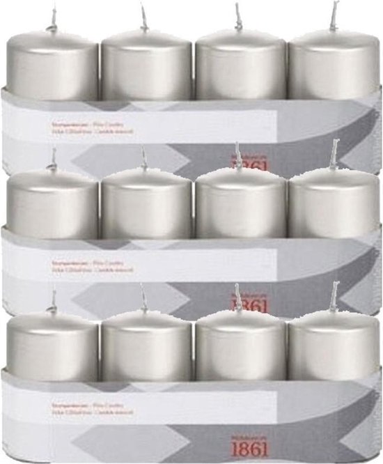 12x Zilveren cilinderkaarsen/stompkaarsen 5 x 8 cm 18 branduren - Geurloze zilverkleurige kaarsen - Woondecoraties