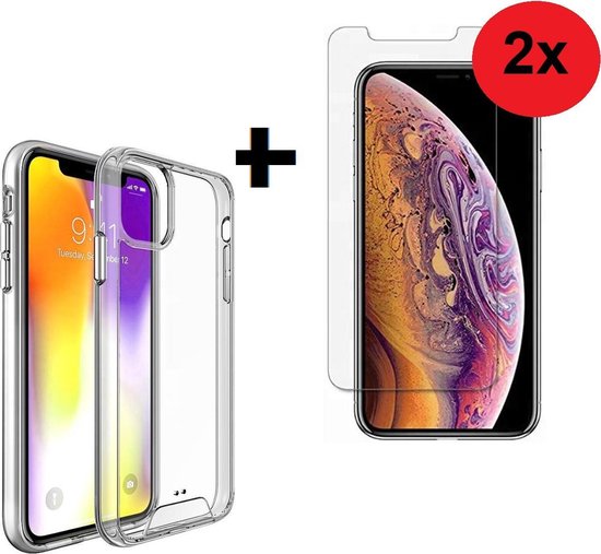 Transparant hoesje naast een iPhone 11 met screenprotector. De screenprotector is bedekt met een rode cirkel met '2x'.