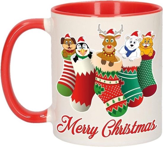 Kerstmis cadeau mok Merry Christmas - diertjes in kerstsokjes 300 ml - keramiek -... | bol.com