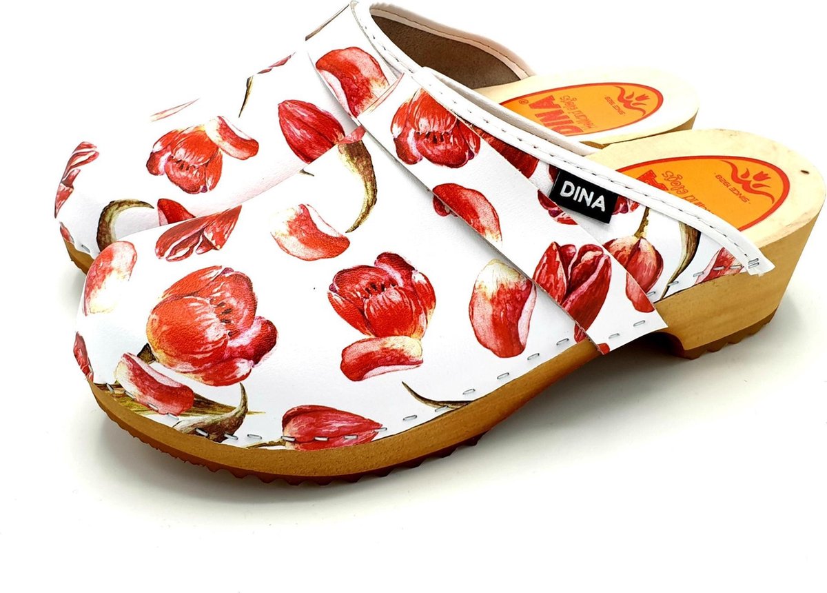 DINA dames klompen zweedse muilen wit met rode tulp design