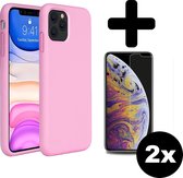 Hoes voor iPhone 11 Pro Max Hoesje Siliconen Case Cover Roze Met 2x Screenprotector Gehard Glas