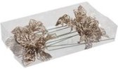 Kerststekers - Pet 8 Glitter Flowers/wire Champagne Ø 10cm
