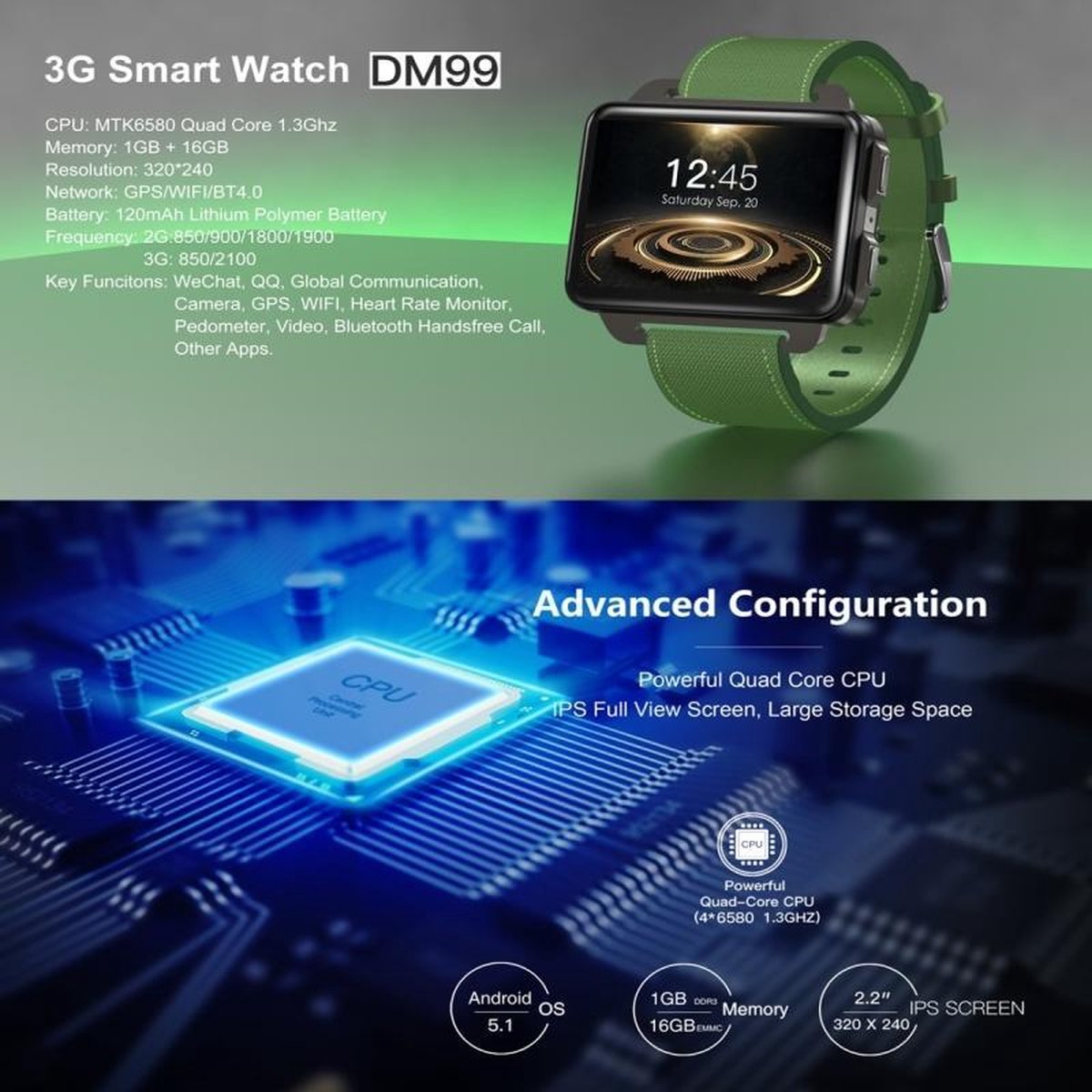 DOMINO DM99 Smart Watch Phone 1 GB 16 GB 2.2 inch Android 5.1 MTK6580 Quad Core. bol