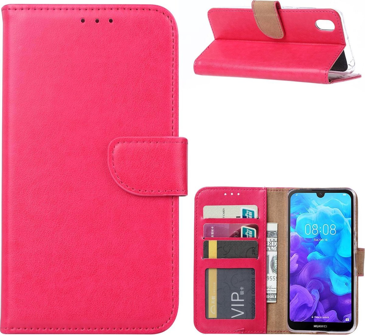 Huawei Y5 (2019) Hoesje Roze met Pasjeshouder