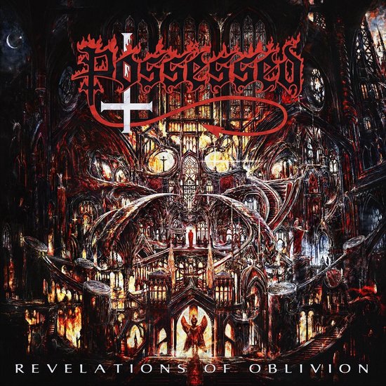 Pochette d'album sombre et détaillée d'une architecture gothique avec une lueur rouge, intitulée 'Revelations of Oblivion'.