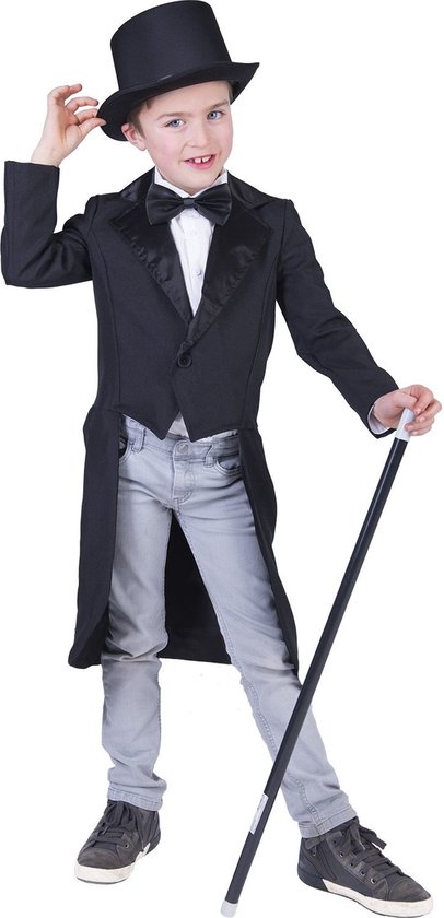 Funny Fashion - Goochelaar Kostuum - Rijke Bankier City Londen Slipjas Jongen - Zwart - Maat 140 - Carnavalskleding - Verkleedkleding
