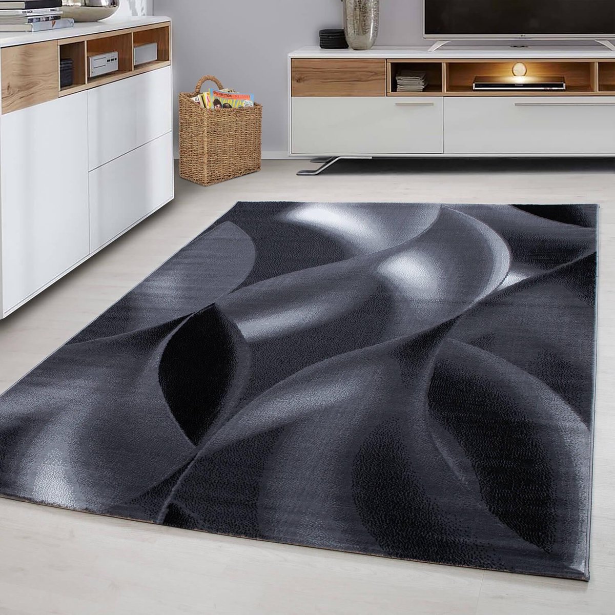 Laagpolig vloerkleed, abstract golfpatroon, zwart, woonkamerkleed, jute achterkant, afmeting: 120 cm x 170 cm