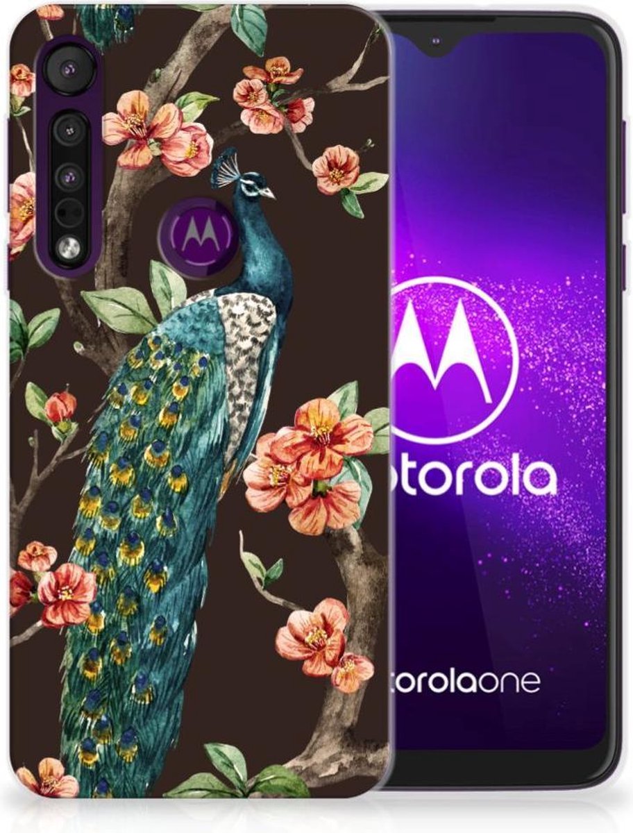 Motorola One Macro TPU Hoesje Pauw met Bloemen