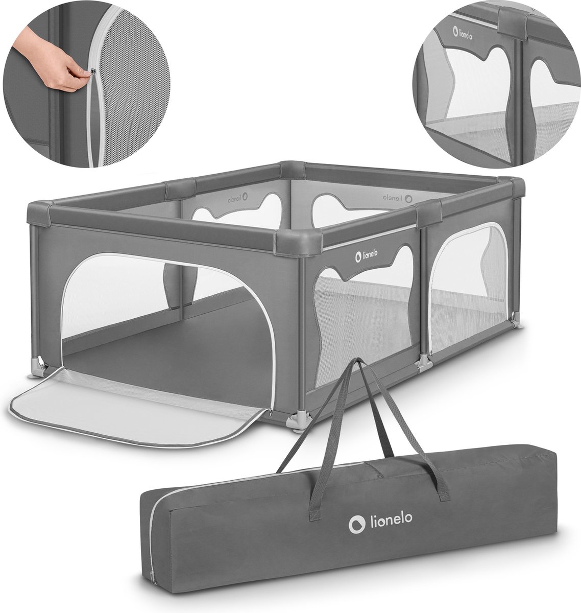 Lionelo Willow – Kinderbox voor Baby’s 0–48 mnd – Extra Grote Speelruimte – 2 Afsluitbare Ingangen – Ademend Gaas – Stabiel met Zuignappen & Opvouwbaar