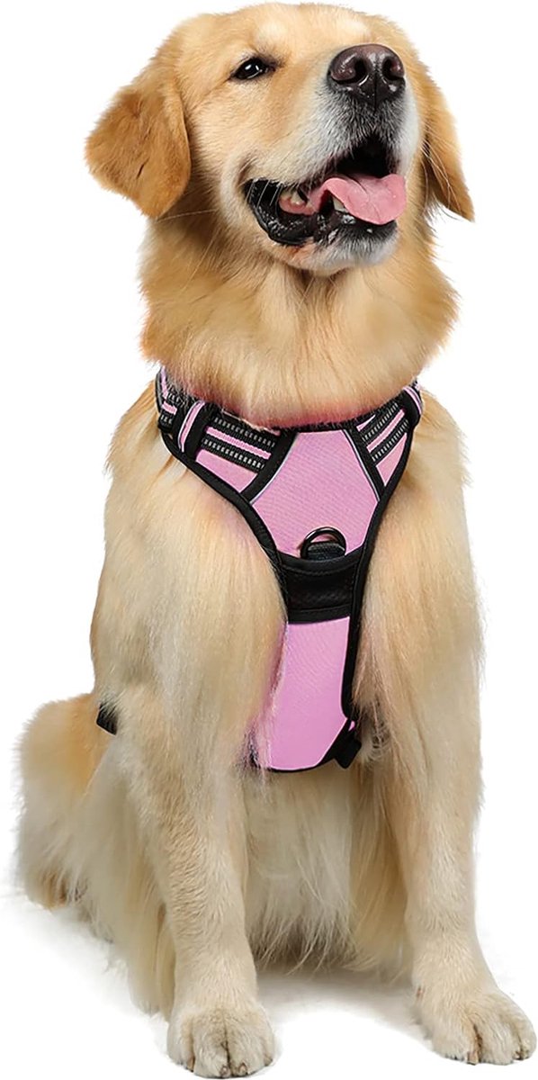 hondenharnas, ook geschikt voor puppy‘s, verstelbaar borsttuig voor honden, onbreekbaar, ademend hondentuig voor kleine, middelgrote en grote honden, verkrijgbaar in zwart, roze en blauw in de maten L