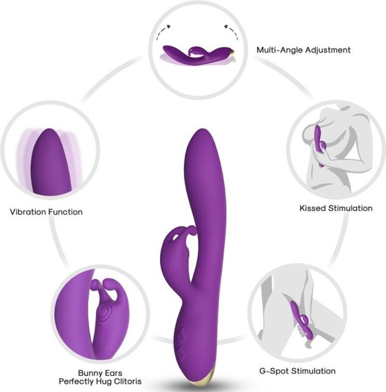 Vibrateur violet avec oreilles de lapin : fonction vibrante, réglable multi-angle, stimulation caressée, stimulation du point G.