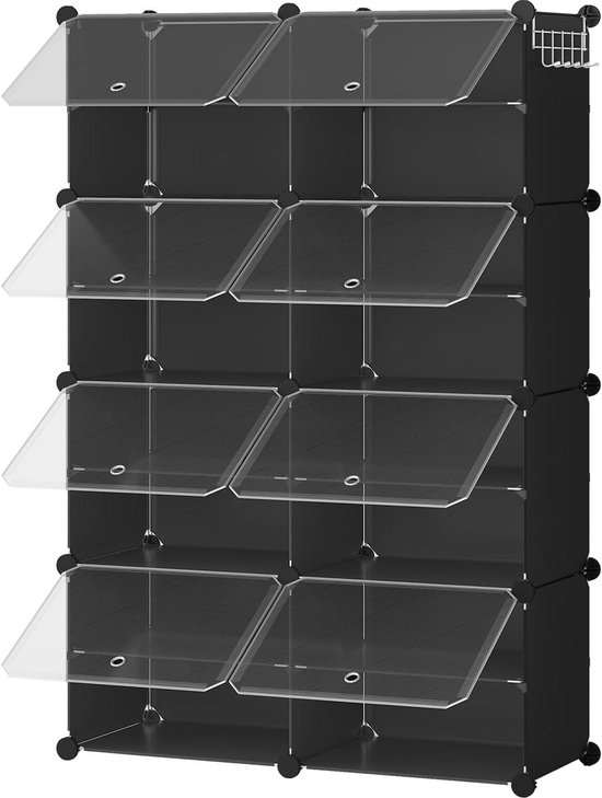HOOBRO Schoenenrek met 8 vakken, schoenenkast, voor 32 paar schoenen, 40 x 30 x 30 cm per vak, smal, met deuren, kunststof, voor woonkamer