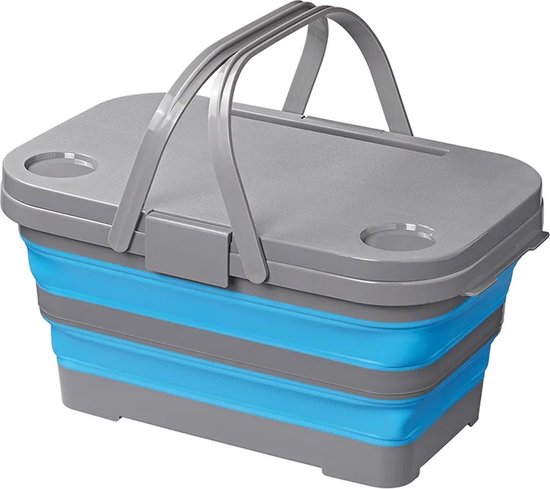 ProPlus Panier Pique-Nique Pliable avec Couvercle - 20 L - Multifonctionnel - Rangement - Facile à Nettoyer - Panier Pique-Nique Pliable - Avec Pieds Rabattables - Panier - 2 Porte-gobelets et Support Tablette - Bleu/Gris