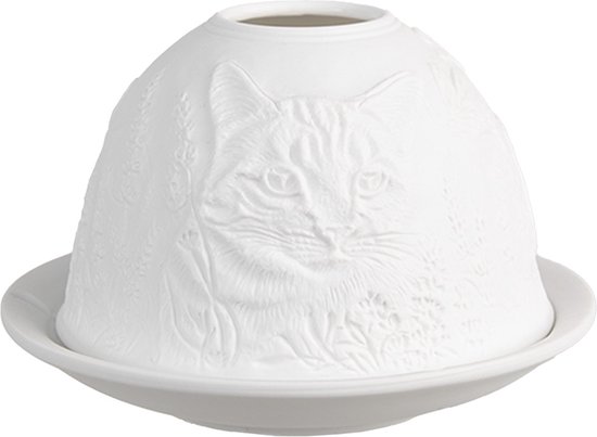 Clayre & Eef Porte-bougie Ø 12x8 cm Blanc Porcelaine Chat