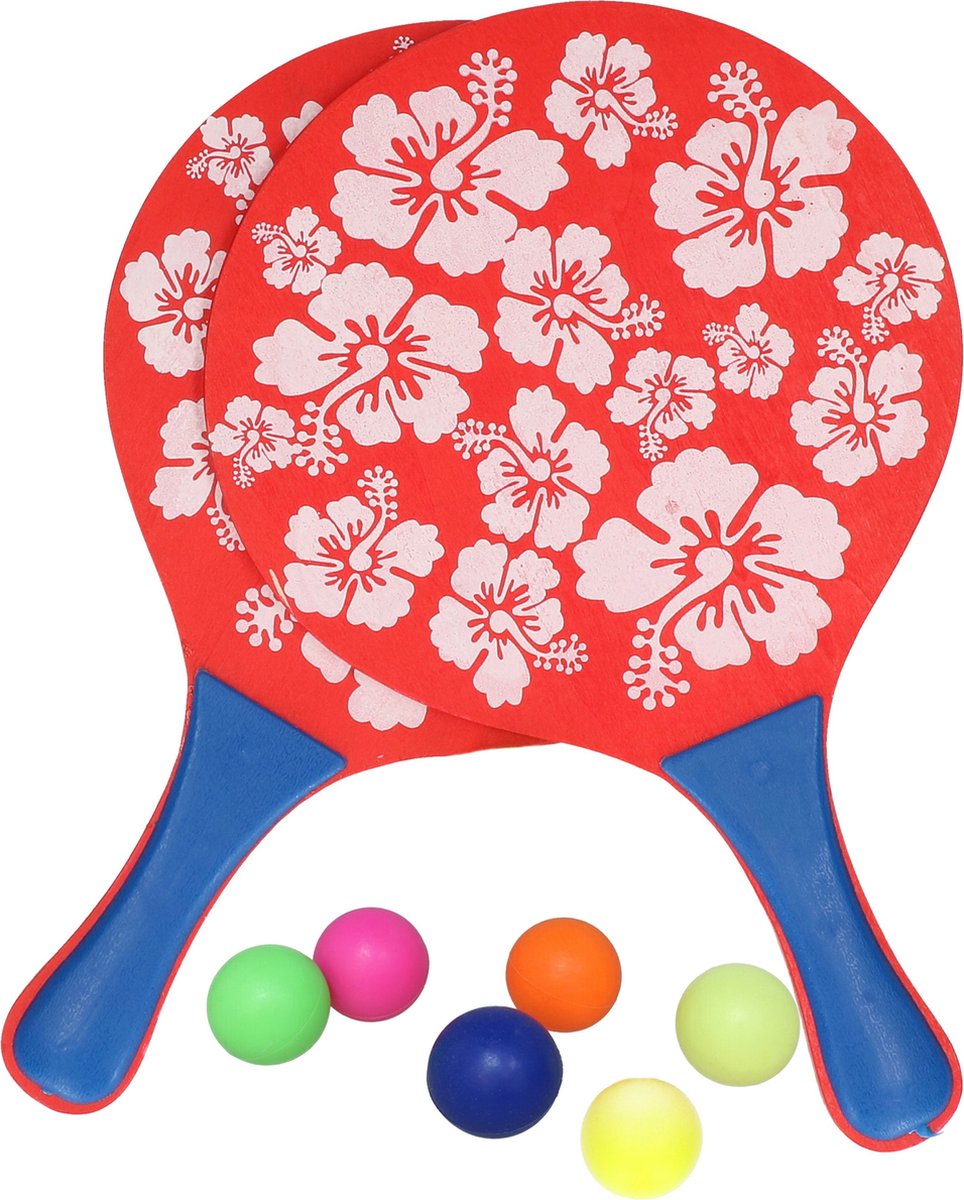 Gebro Beachball set - hout - kleurenmix - strand sporten speelset - met 6x balletjes - Hawaii thema - kinderen/volwassenen