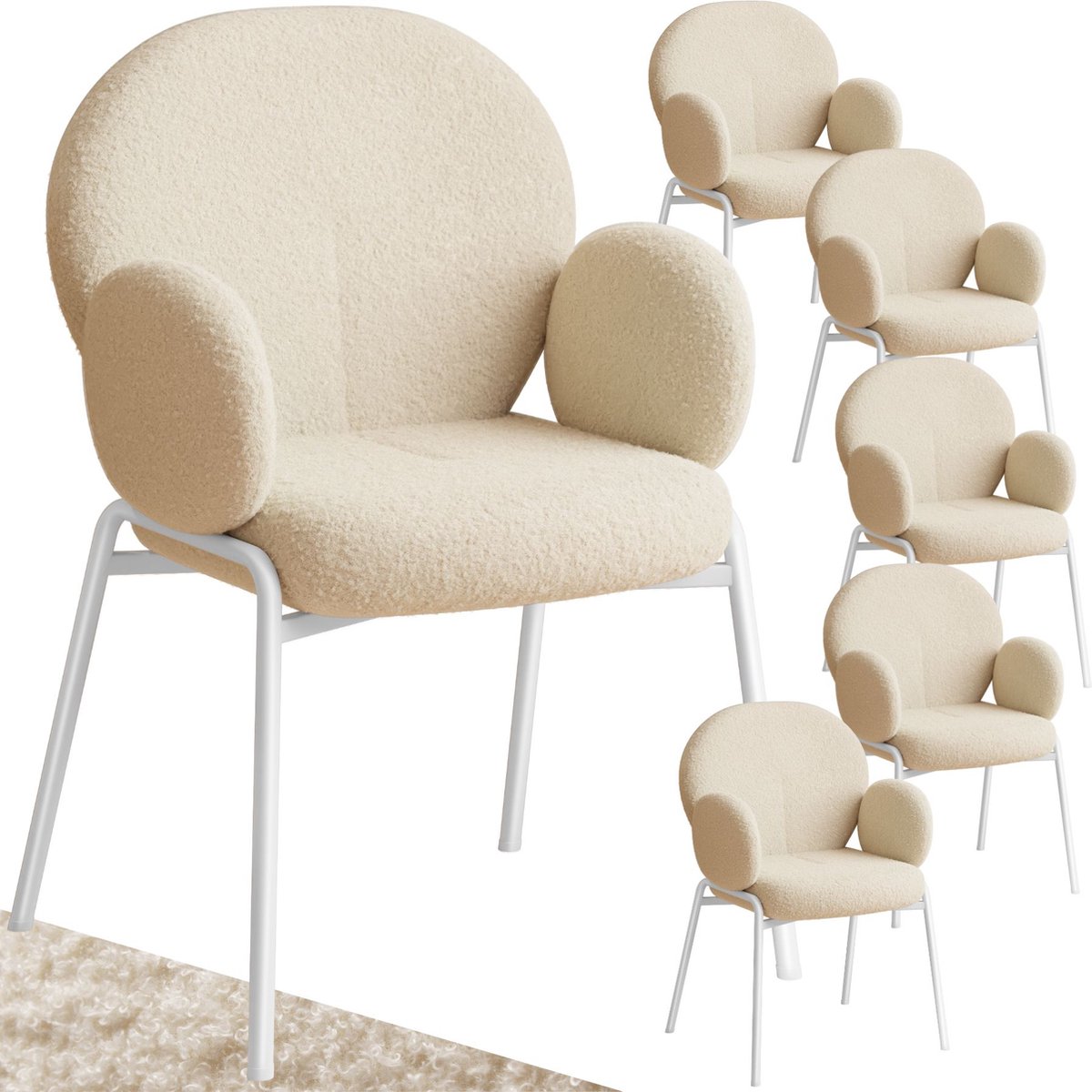 Tectake Eetkamerstoelen met Armleuning - Set van 6 - Scandi Stoel - Eetkamerstoel - Stoelen voor Eetkamer en Eettafel - Keukenstoelen - Bekleding van Bouclé Teddystof - Klassiek - Crème Creme
