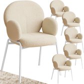 tectake® Eetkamerstoelen met Armleuning - Set van 6 - Scandi Stoel - Eetkamerstoel - Stoelen voor Eetkamer en Eettafel - Keukenstoelen - Bekleding van Bouclé Teddystof - Klassiek - Crème
