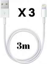 3x Lightning naar USB A Kabel Wit - 3 meter - Oplaadkabel voor iPhone X / XS / XS MAX / XR / 7 / 7 PLUS / 8 / 8 PLUS / 6 / 6S / 6 PLUS / 6S PLUS / 5 / 5S / SE / AirPods 1 / Airpods 2 / Airpods 3 / Airpods Pro 1