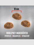 Drie brokken kattenvoer op een metalen ondergrond met '10 mm' markering.