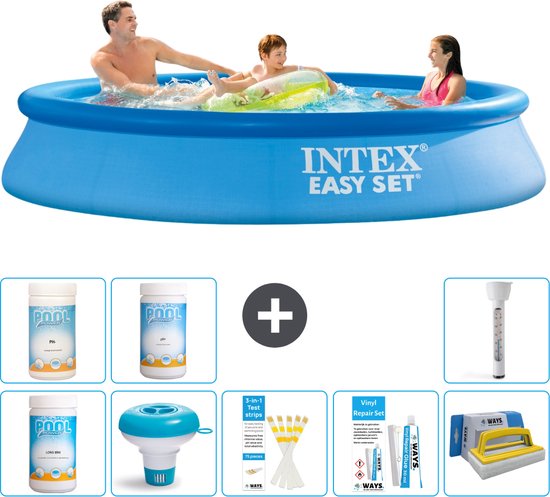 Aperçu des accessoires de piscine Intex : piscine, poudre pH, distributeur de chlore, bandelettes de test, kit de réparation et brosse.