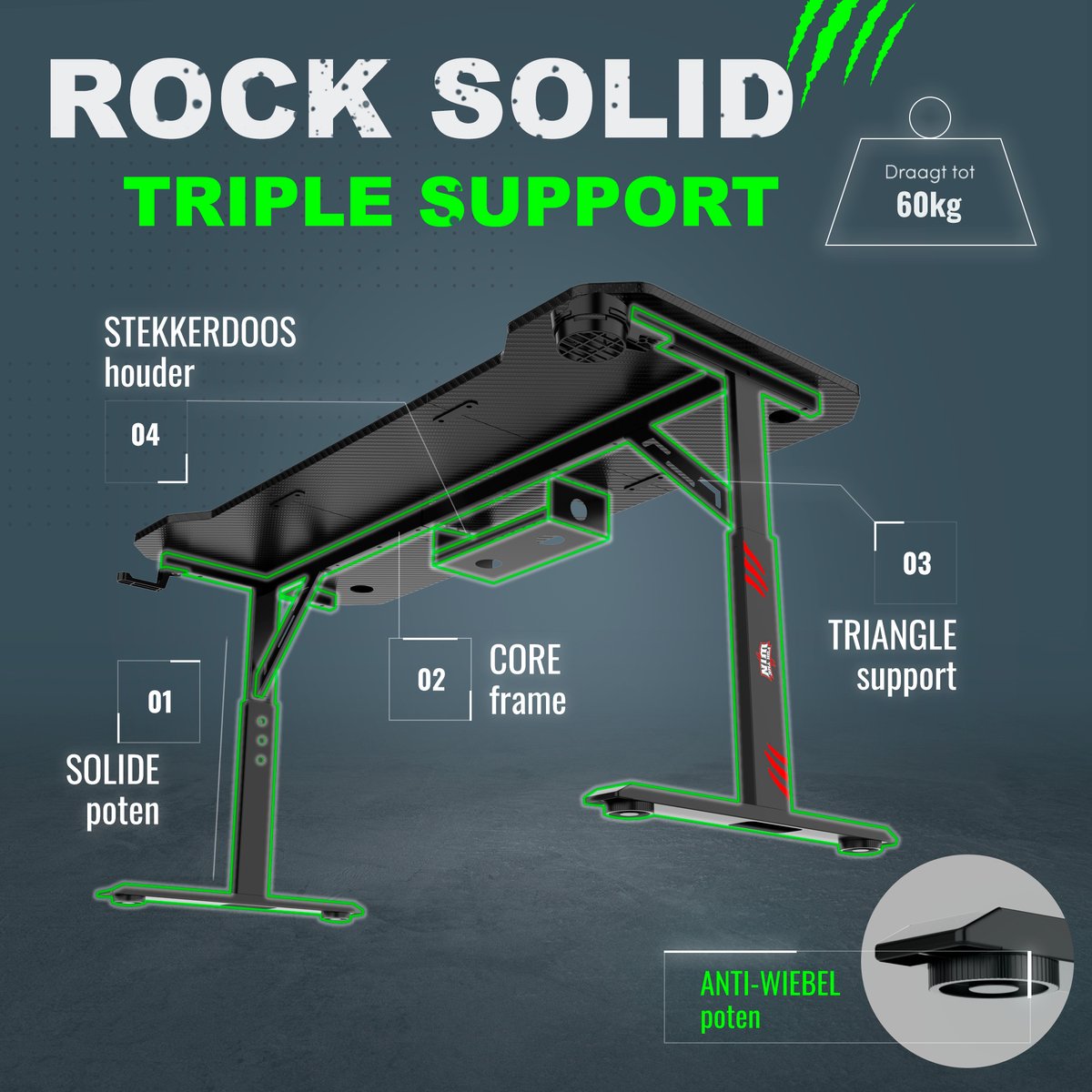 For The Win® For The Win Game Bureau - 140 cm - Gaming Bureau - Hoogte Verstelbaar - Gaming Desk - Incl. Muismat - Computertafel - Gaming Tafel - Computer Bureau - Game Desk - Gaming Bureaus