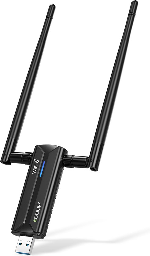 Zwarte EDUP WiFi 6 adapter met twee lange, slanke antennes en een blauw oplichtend logo.