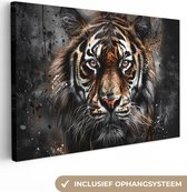 Canvas schilderij 90x60 cm - Wanddecoratie Tijger - Dieren - Portret - Luxe - Zwart - Muurdecoratie woonkamer - Slaapkamer decoratie - Kamer accessoires - Schilderijen