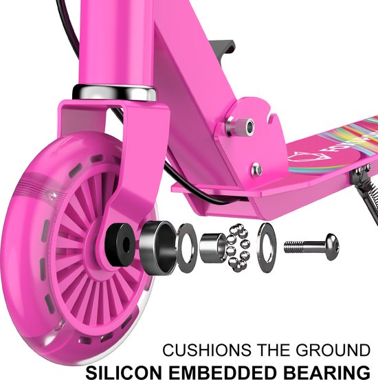 Close-up van het wielmechanisme van de roze kinderstep, met siliconen ingebedde lagers.