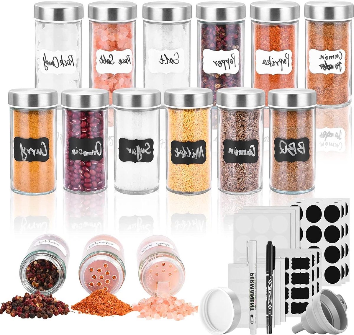 100 ml ronde kruidenstrooier glazen kruidenstrooier met deksel van roestvrij staal set van 12 kruidenpotjes met trechter en etiket Kruidenpotjes