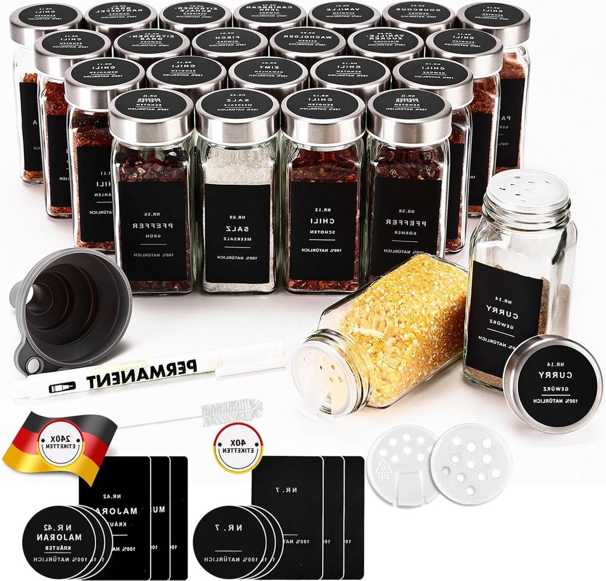 Vierkante Kruidenpotjes Set van 24 120 ml Roestvrijstalen Deksel Duitse en Blanco Etiketten Strooiinzetstuk Glas Kruidenstrooier Kruidenpotjes