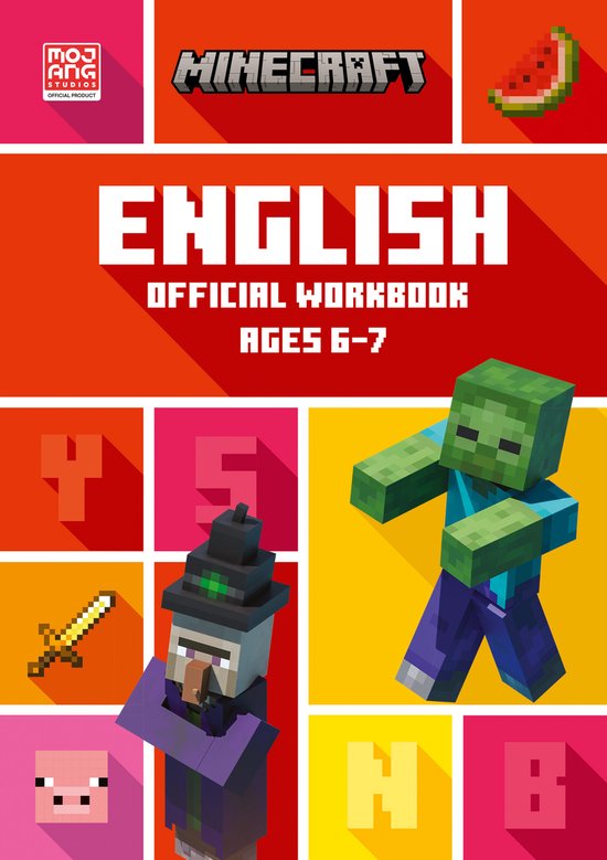 Minecraft English Official Workbook, Ages 6-7, met een zombie, heks en zwijn.