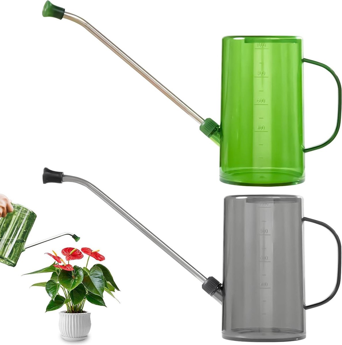 Lange uitloop gieter Set van 2 - 1L gieter met roestvrijstalen schenktuit voor planten in de tuin en kamer