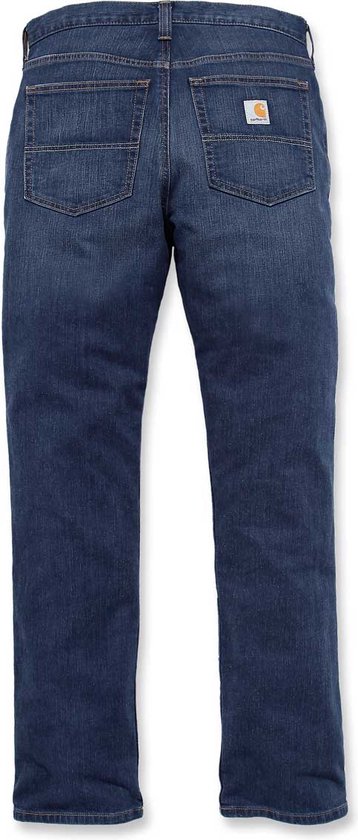 Spijkerbroek van donker denim, achterkant met Carhartt-logo.