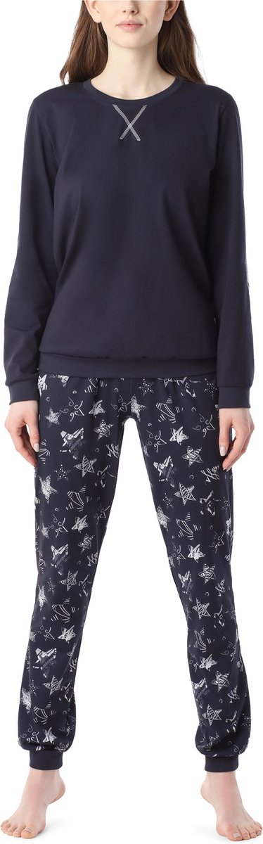 Merry Style MS-MS10-168-PJ Dames Pyjama - ronde hals - lange mouwen - lange broek met zakken - Katoen - Marineblauw/Zilveren Sterren