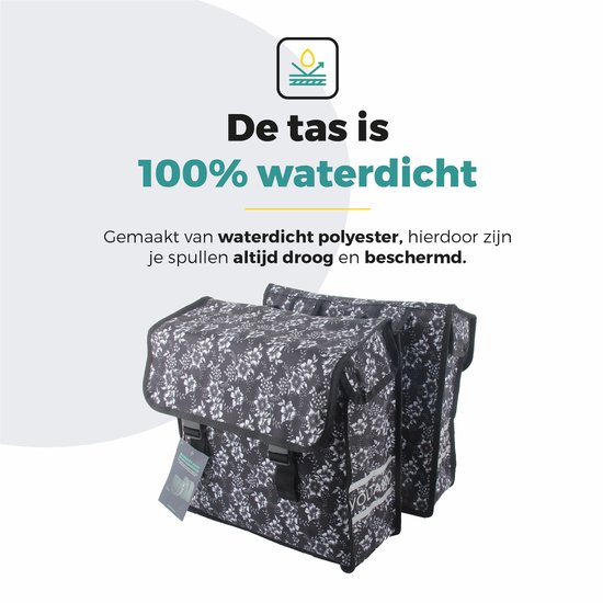 Voltano Dubbele Fietstas Floral Elegance - Zwart Met Witte Bloemen - 38 Liter - 100% Waterdicht Polyester - Vrolijke Fietstassen van Voltano — afbeelding 3