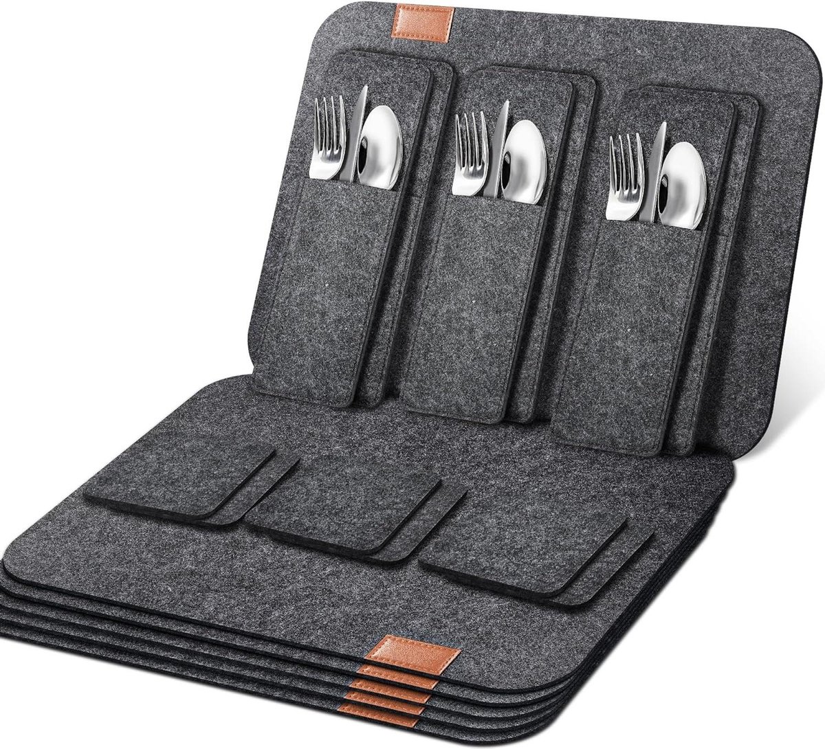 Image of 18-delige vilt placemat set - afwasbaar en hittebestendig - anti-slip placemats met onderzetters en bestekzakken - antraciet vierkant