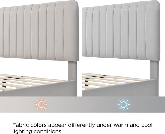 Comparaison de tissu beige clair sous lumière chaude et froide, avec une tête de lit rayée.