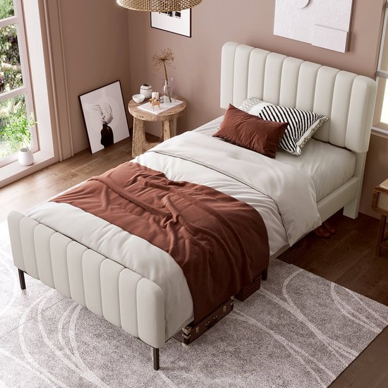 Lit double rembourré Sweiko 90 x 200 cm, place de lit avec cadre plat en nouilles et tête de lit réglable, lit rembourré Grijs beige, place de lit de chambre à coucher, linge de chambre de jeunesse (sans matelas)