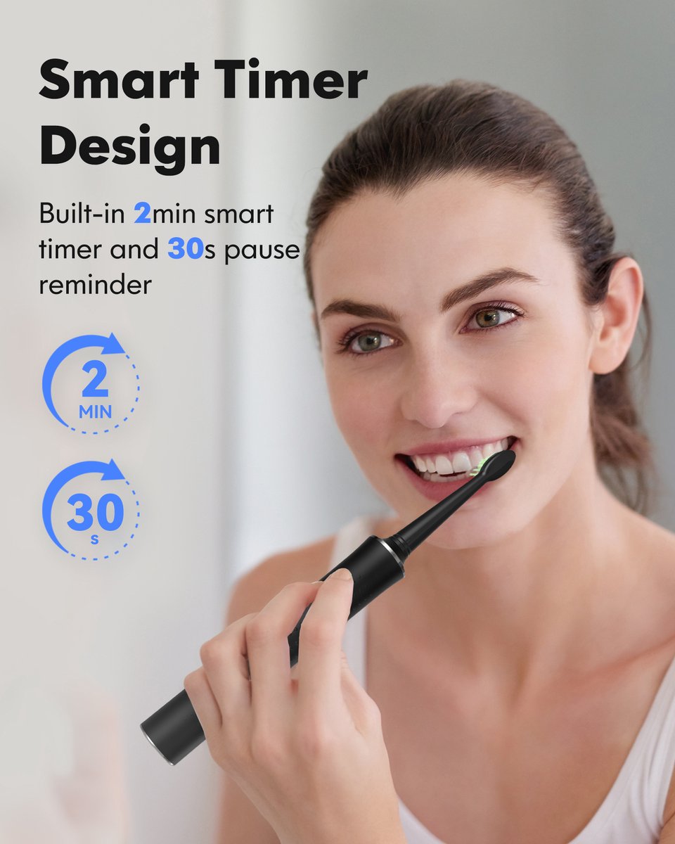 Afbeelding 2 van JTF Sonic J40 elektrische tandenborstel - Zwart - Inclusief 6 opzetborstels - USB-C oplaadbaar - Ingebouwde 2 minuten smart timer - 5 poetsstanden