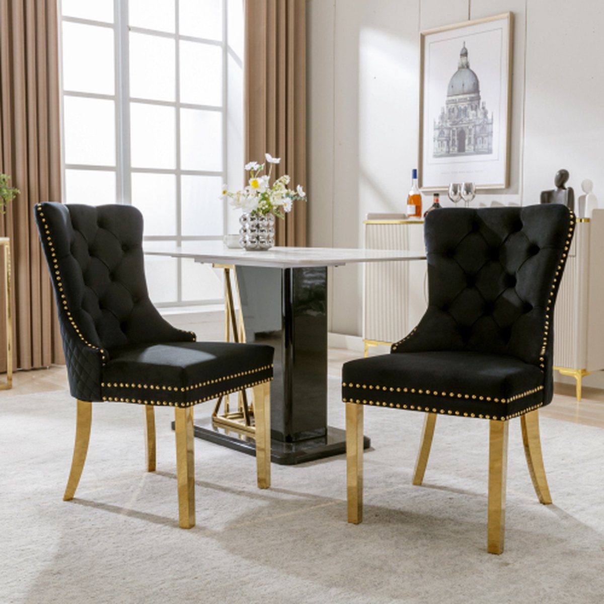 2 stuks hoge rug 4-poots stoel-fluwelen eetkamerstoel-met-knoopsteek-massief houten frame-zwart-(Set van 2) Style 1