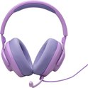Paarse over-ear gaming headset met stoffen oorkussens, JBL logo en afneembare microfoon, op zwarte achtergrond.