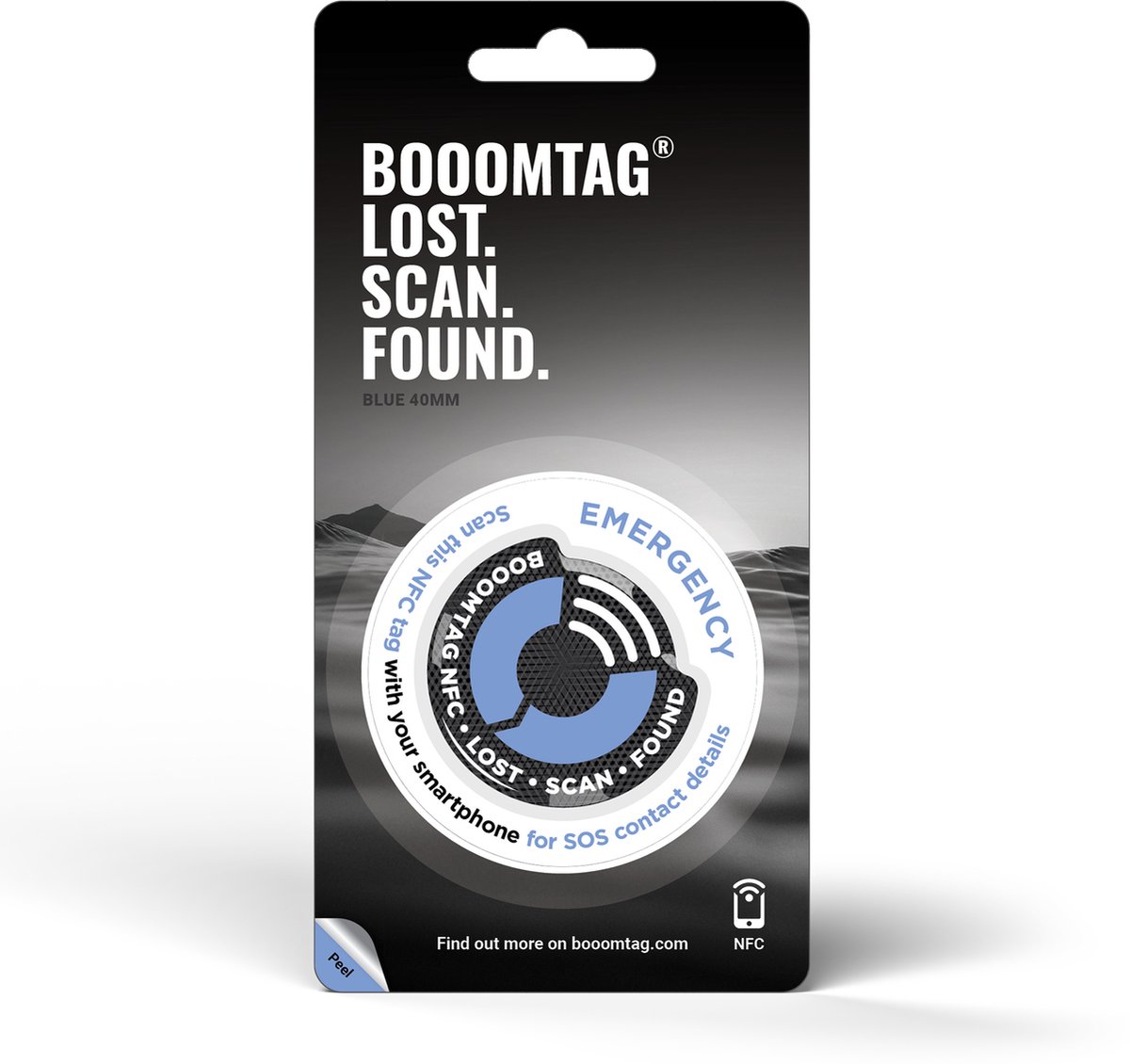 Booomtag® NFC Blauw Dome Sticker - 50mm - Lost and Found - Kofferlabel, Bagagelabel, Reislabel, Adreslabel, Reisaccessoires, Passieve Tracker, SOS, ICE, Reiskoffer, Etiquette Bagage, #boomtag #booomtag